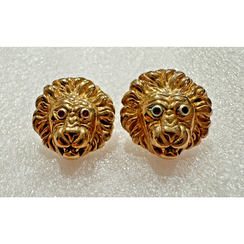 Vtg Lion Head Earrings 925 Sterling Silver Gold Wash Italy French Clip Red Eyes